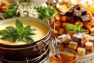 Poster - Delicious dessert spread featuring fondue, pastries, and fresh herbs at a festive gathering