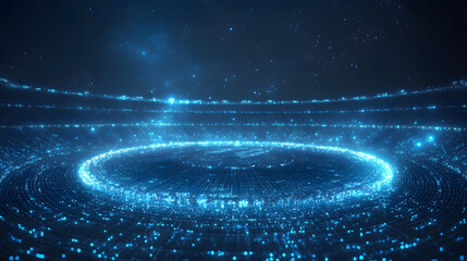 Poster - Futuristic stadium bathed in ethereal blue lights under a starlit sky. A mesmerizing blend of technology and cosmic wonder, creating a vibrant and captivating scene. Abstract wireframe in dark blue