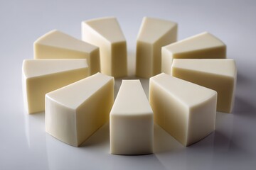 Poster - Curved wedges of soft cheese arranged in a circular pattern on a clean surface