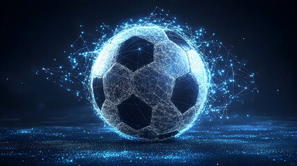 Fototapete - Futuristic soccer ball concept. Wireframe design with glowing blue nodes and particles on a dark background. High-tech sports visualization. Abstract wireframe in dark blue.