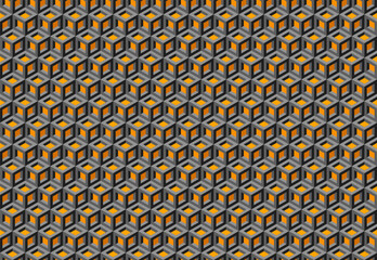 Poster - Abstract geometric background.  Intricate pattern of interlocking cubes in shades of gray and orange.  Perfect for website design, textile prints, or modern branding.