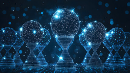 Fototapete - Futuristic data network visualization. Glowing blue wireframe hourglass structures with bokeh background create a technological, abstract connectivity concept. Abstract wireframe in dark blue