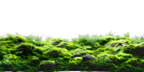 Poster - 白い背景に緑豊かな苔と草の生い茂る風景のクローズアップ テクスチャ 苔に覆われた岩が自然な緑のグラデーションを作り出すミニマルなデザイン