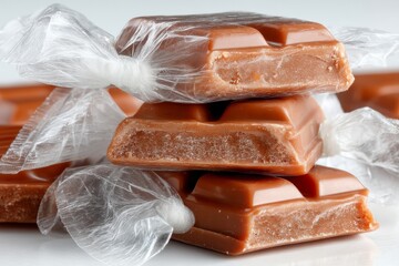 Aufkleber - Delicious chocolate bars wrapped in clear plastic packaging stacked on a white background