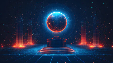 Fototapete - Futuristic digital world featuring a glowing sphere transitioning from orange-red to blue. The platform is a marvel. Data points are connected in space. Abstract wireframe in dark blue