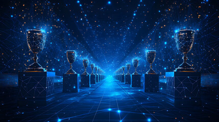 Poster - A futuristic display of digital trophies receding into a deep blue, networked space. Awards rendered in mesh textures sit on cubic pedestals, glowing softly. Abstract wireframe in dark blue.