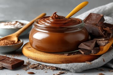 Aufkleber - Creamy chocolate spread in a glass jar with chocolate pieces and wooden spoon on a rustic wooden board