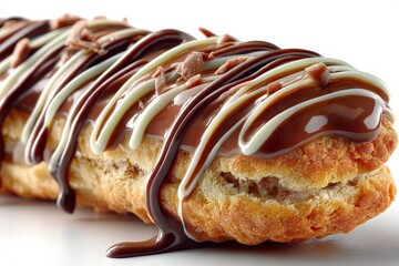 Poster - Dessert pastry topped with chocolate and cream drizzles served on a white plate in a well-lit kitchen