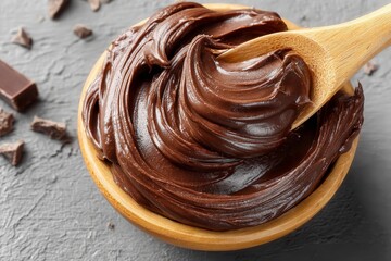 Poster - Delicious chocolate spread in a wooden bowl with a wooden spoon on a textured surface