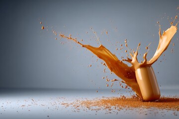 Aufkleber - Dynamic splash of caramel sauce from a jar creating an artistic display on a smooth surface