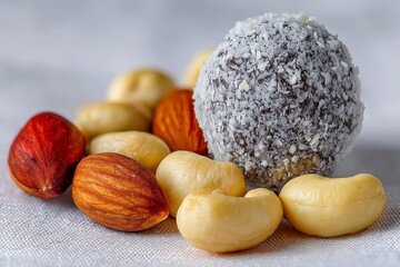 Aufkleber - Delicious assortment of nuts surrounding a chocolate truffle on a textured surface