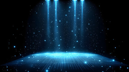 Fototapete - Futuristic stage featuring a glowing grid platform bathed in brilliant blue light against a backdrop of stars. Ideal for technology and sci-fi visuals. Abstract wireframe in dark blue