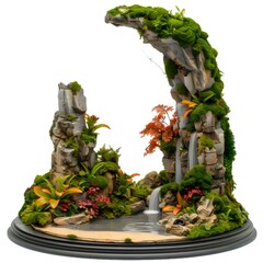 Aufkleber - 苔と植物で作られたミニチュアの滝の風景 庭園のデザイン 庭の装飾 小さな岩と水の流れが特徴の静かで癒される空間