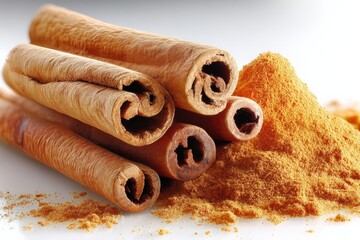 Poster - Cinnamon sticks and powder arranged attractively on a white background highlighting their natural textures and colors
