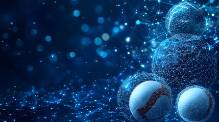 Aufkleber - Futuristic technology concept with glowing blue network lines connecting spheres on a dark blue bokeh background. Great for tech, innovation, or digital art themes. Abstract wireframe in dark blue.