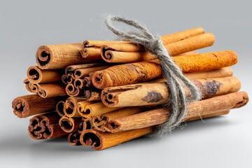 Poster - Cinnamon sticks bundled together with twine showcasing their natural texture and color on a neutral background