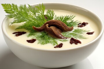 Aufkleber - Unique culinary dish featuring creamy soup with herbs and garnishes prepared in a modern kitchen