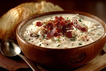 Poster - Creamy chicken soup with crispy bacon served in a wooden bowl alongside fresh bread in a cozy setting