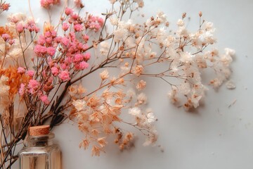 Poster - Dried flowers arranged elegantly near a glass vase on a neutral background creating a serene and calm atmosphere