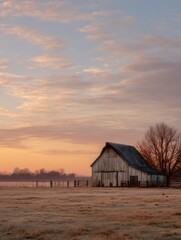 Aufkleber - Barn at Sunrise With Open Sky and Soft Clouds in a Rural Landscape