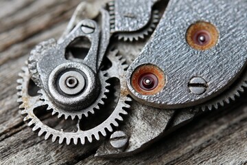 Poster - Close-up view of intricate gears and mechanisms on a weathered wooden surface