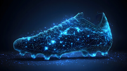Poster - Futuristic football boot design with glowing blue wireframe. A technologically advanced and dynamic representation of sports footwear. Abstract wireframe in dark blue.