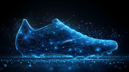 Leinwandbilder - Futuristic soccer cleat design rendered in interconnected blue lines and dots against a dark background. An innovative concept for athletic footwear. Abstract wireframe in dark blue.