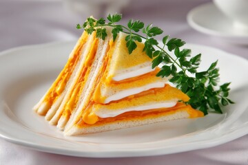 Poster - Unique layered sandwich with cheese and cream served on a white plate