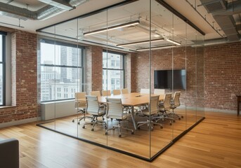 Poster - Glass enclosed conference room with brick walls and city view