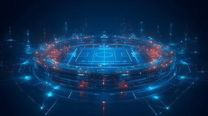 Poster - Futuristic sports stadium concept with neon blue and orange lights illuminating the court and seating. High-tech design emphasizing a vibrant, modern arena atmosphere. Abstract wireframe in dark blue.