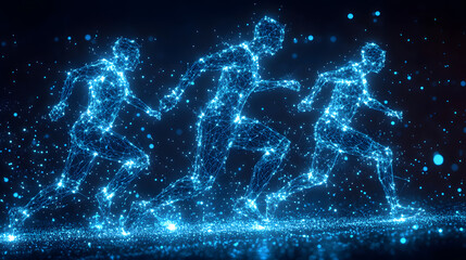 Fototapete - Dynamic blue runners emerge from the digital realm! Representing speed and futuristic technology, these abstract figures embody motion and modern advancement. Abstract wireframe in dark blue.
