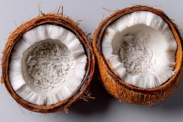 Poster - Freshly opened coconuts display white flesh and shredded coconut on a light background