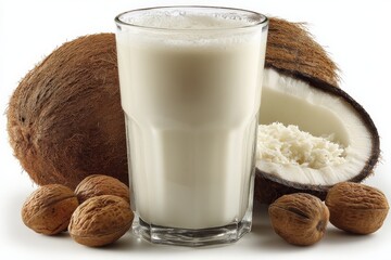 Poster - Coconut milk served in a glass with whole coconuts and nuts arranged on a clean surface