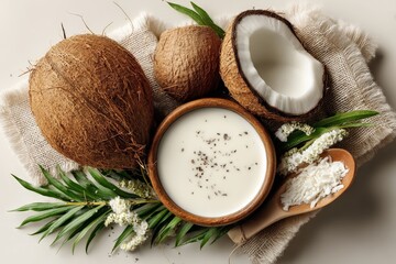 Poster - Fresh coconut products displayed on a neutral background with greenery and toppings for culinary use