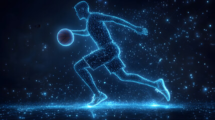 Fototapete - Dynamic digital art showcases a basketball player in motion, composed of interconnected lines and points, dribbling a ball in a futuristic, deep blue abstract design. Abstract wireframe in dark blue