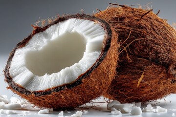 Poster - Freshly cracked coconuts revealing white flesh on a gray background with flakes scattered around