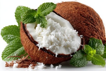 Poster - Fresh coconut half with shredded coconut and sprigs of mint displayed on a wooden table