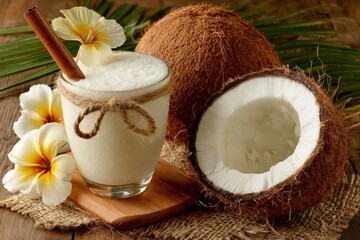 Poster - Refreshing coconut smoothie garnished with tropical flowers and fresh coconut halves on rustic wooden table