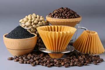 Poster - Coffee preparation tools and ingredients on display in a rustic kitchen setting