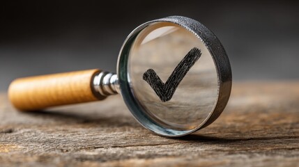 Poster - Magnified check mark on a wooden table highlighting importance of facts verification before making important decisions