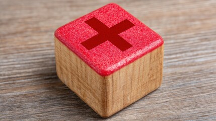 Poster - Wooden cube featuring a bold red cross symbolizing decision-making and clutter removal in visual conceptualization