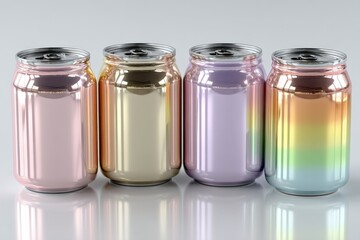 Poster - Shiny metallic cans in various iridescent colors displayed neatly on a smooth surface