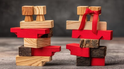 Poster - Wooden block tower with a red ribbon illustrating the concept of clarifying next owner to define who is up next