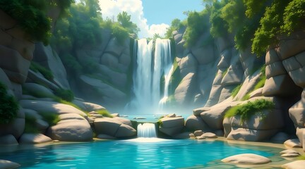 Poster - ターコイズブルーの水が流れる滝と岩の多い地形が特徴の、緑豊かな夏の風景 穏やかな雰囲気と自然の美しさを演出