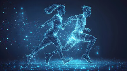Fototapete - Dynamic digital athletes visualized with glowing blue lines run on a dark surface. Perfect for tech, fitness, or data concepts. High-energy and modern design. Abstract wireframe in dark blue.