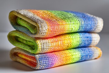 Poster - Colorful handwoven towels stacked neatly on a white surface, showcasing vibrant rainbow patterns and textures