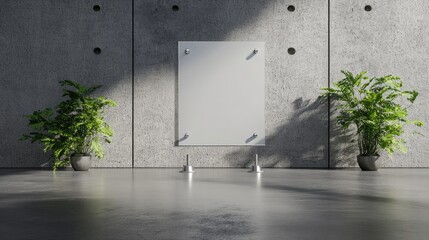 Poster - 3D rendered blank transparent signage plate with metallic anchors on a modern corporate wall