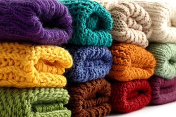 Poster - Colorful knitted scarves stacked in a cozy arrangement for a winter market display