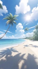 Poster - 晴れた日のビーチ風景 熱帯のヤシの木とターコイズ色の海の穏やかな景観