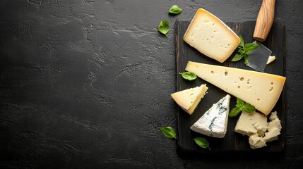 Poster - Beautiful cheese platter on black wood with empty space for inscription, minimalist rustic atmosphere